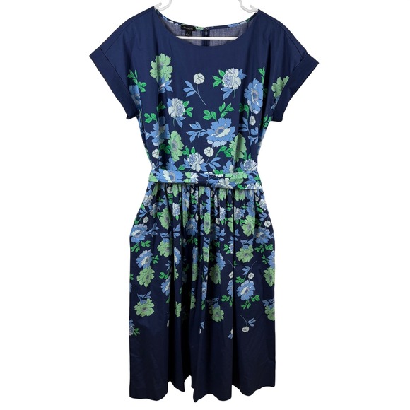 Talbots Dresses & Skirts - Talbots Floral Cotton Midi Dress 8 Blue Green Fit Flare Pockets Garden Party